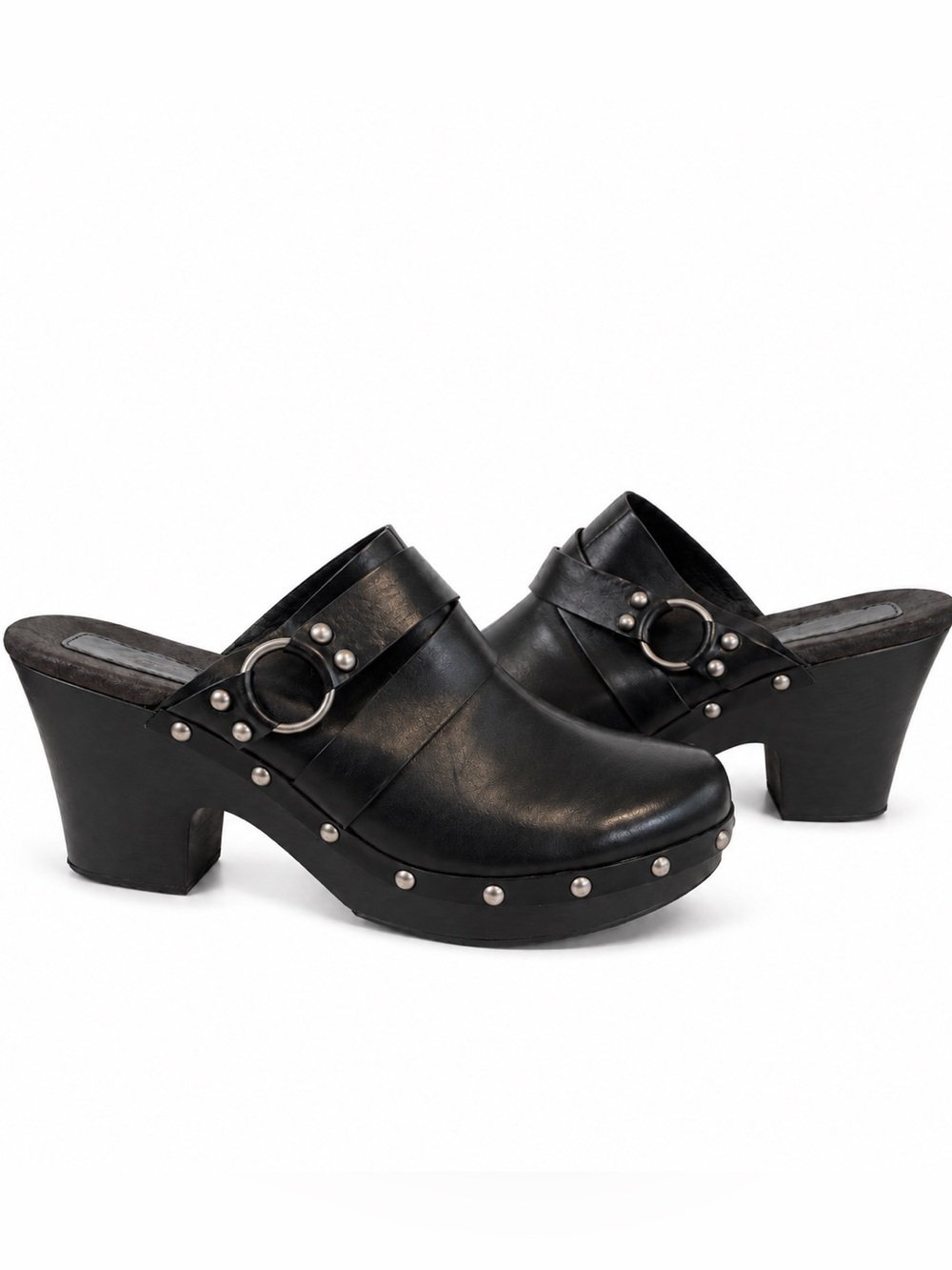 KORKS Women's Black Leather Nailhead Studded Clog Mules with Ring Detail 8/39 - Picture 2 of 10